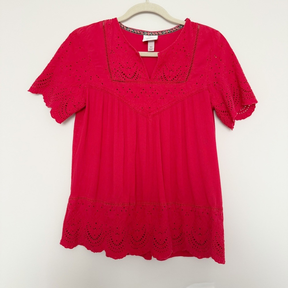Knox Rose Eyelet Lace Short Sleeve Embroidered Boho Top Size XS Red Cotton Blend
